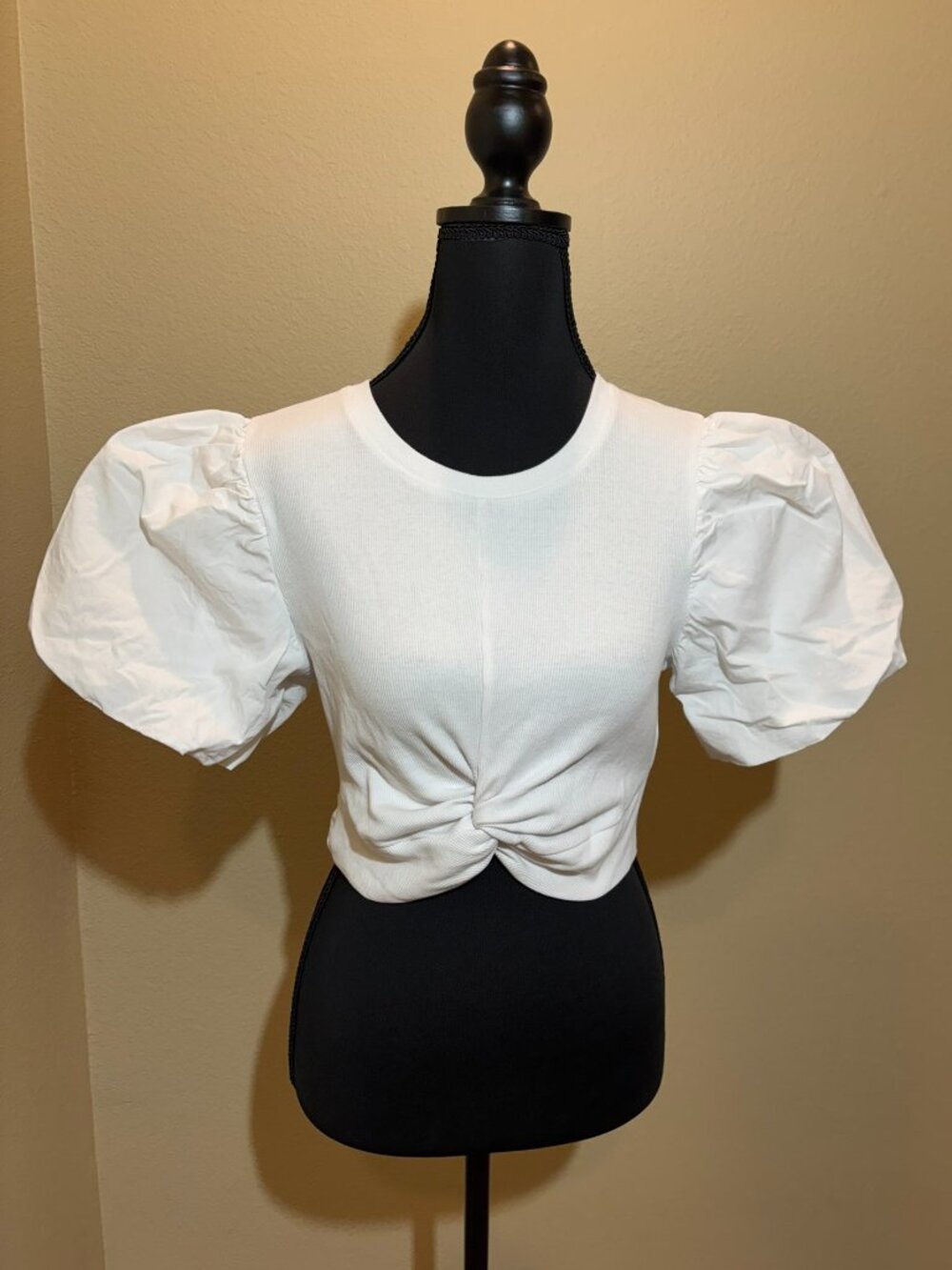 Zara Teen White Cropped Twist Front Puff Sleeve Top Size M